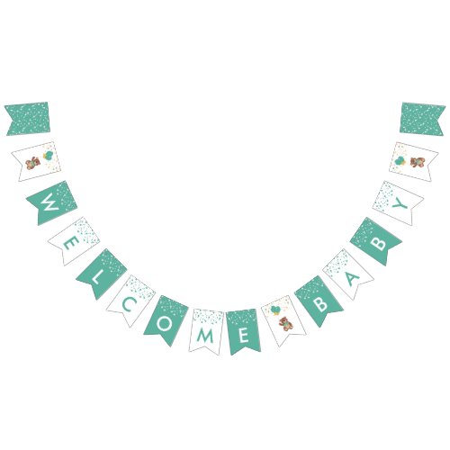 Cute Teddy Bear Welcome Gender Neutral Baby Shower Bunting Flags