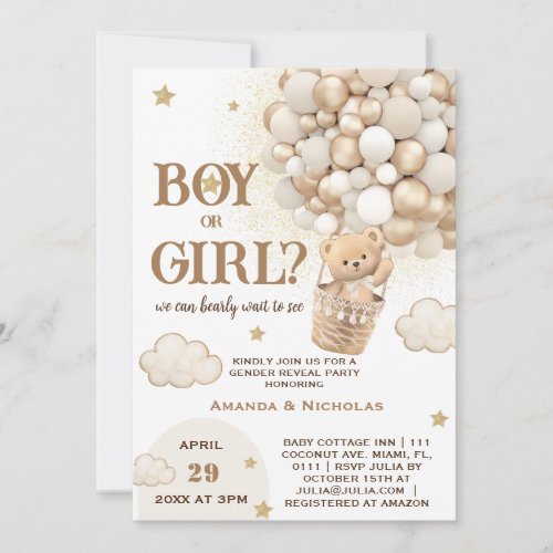 Cute Teddy Bear White Beige Gold Gender Reveal Invitation