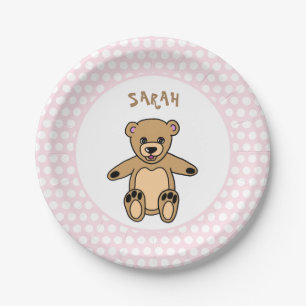 Cute Teddy Bear White Dots on Pink Birthday Paper Plates