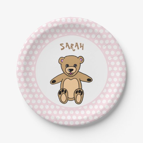 Cute Teddy Bear White Dots on Pink Birthday Paper Plates