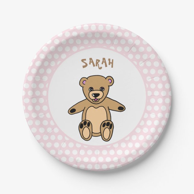 Cute Teddy Bear White Dots on Pink Birthday Paper Plates (Front)
