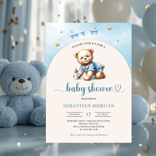 Cute teddy bear with baby bottle arch boy invitation