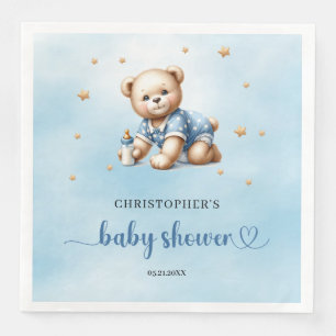 Cute teddy bear with baby bottle boy baby shower paper dinner napkins