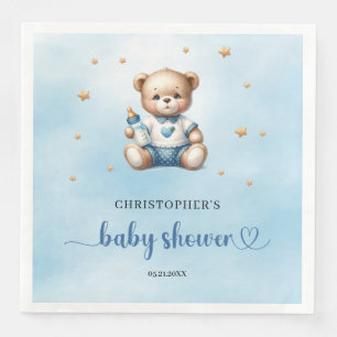 Cute teddy bear with baby bottle boy baby shower paper dinner napkins