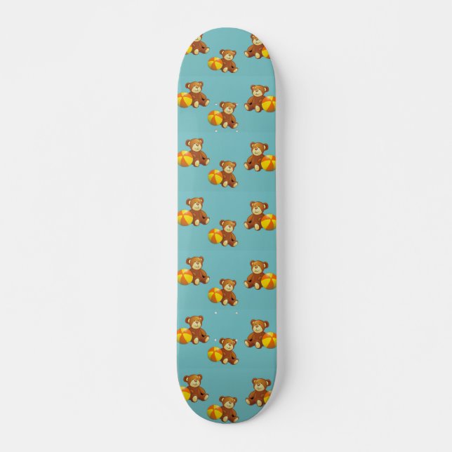 Cute teddy bear with ball on blue skateboard (Front)