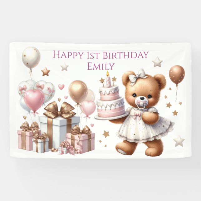 Cute Teddy Bear with Balloons and Gifts Banner (Horizontal)