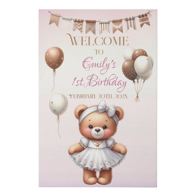 Cute Teddy Bear with Balloons and Gifts Faux Canvas Print (Front)