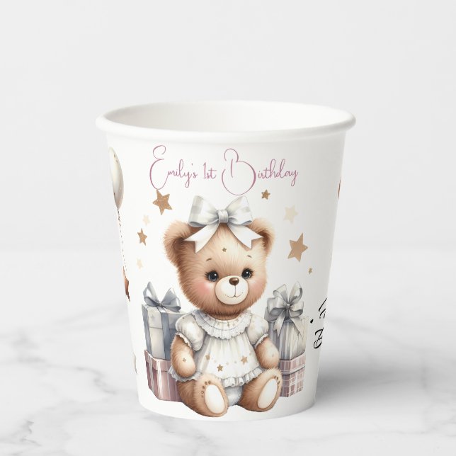 Cute Teddy Bear with Balloons and Gifts Paper Cups (Front)