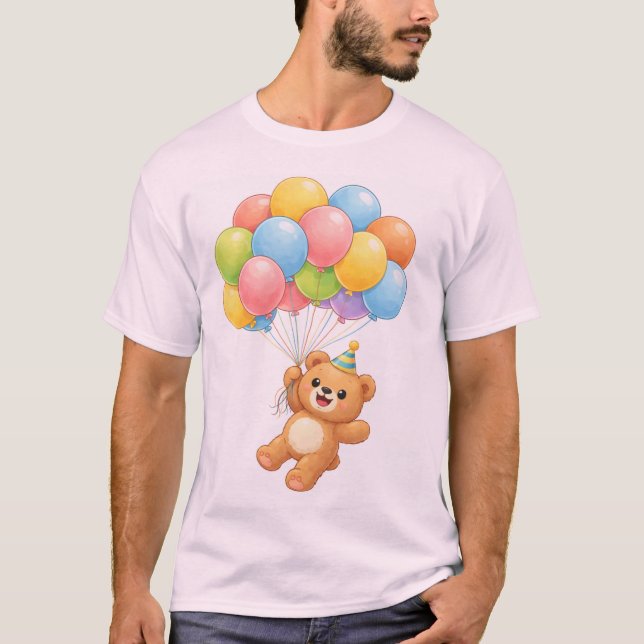 Cute Teddy Bear with Balloons Birthday T-Shirt (Front)
