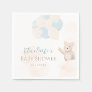 Cute Teddy Bear with Balloons Boy Baby Shower Napkins