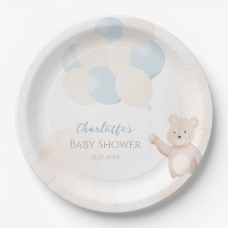 Cute Teddy Bear with Balloons Boy Baby Shower Paper Plates