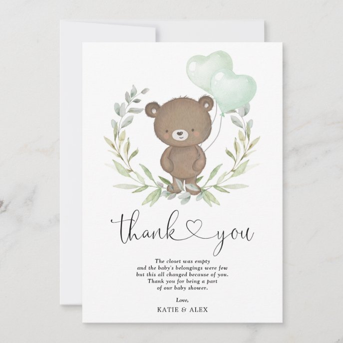 Cute Teddy Bear with Balloons Greenery Wreath Baby Thank You Card