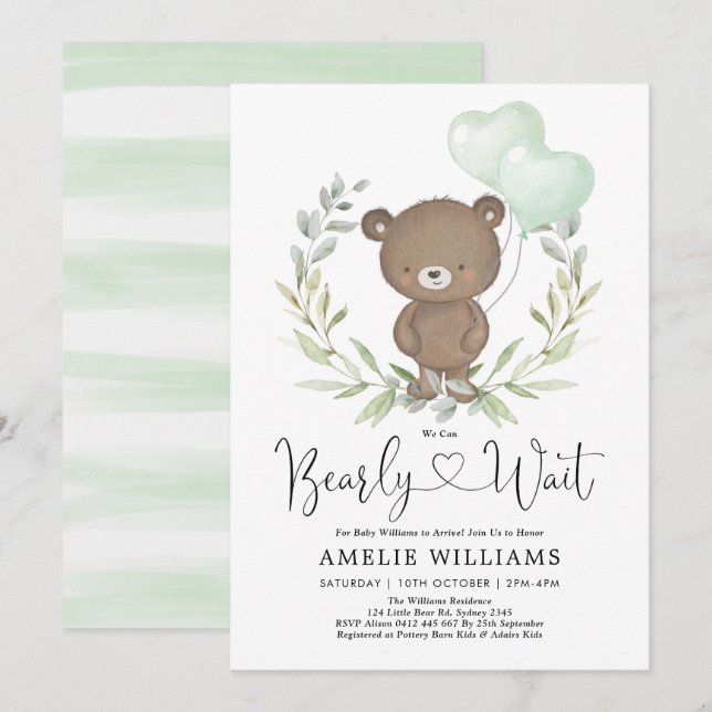 Cute Teddy Bear With Balloons Neutral Baby Shower Invitation (Front/Back)