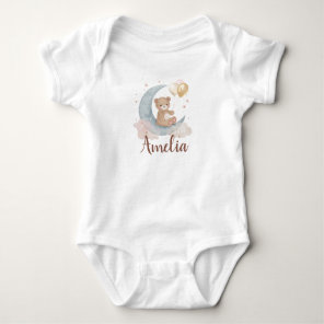 Cute Teddy Bear With Balloons On The Moon Stars Baby Bodysuit