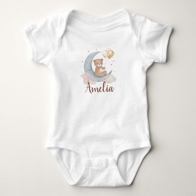 Cute Teddy Bear With Balloons On The Moon Stars Baby Bodysuit (Front)