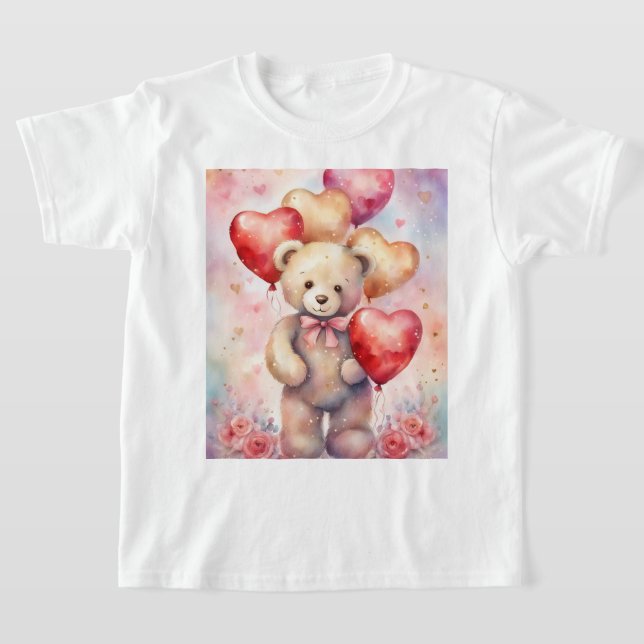 Cute Teddy Bear with Birthday Balloons Girl's T-Shirt (Laydown)