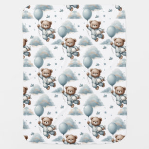 Cute teddy bear with blue balloon and pajamas baby blanket