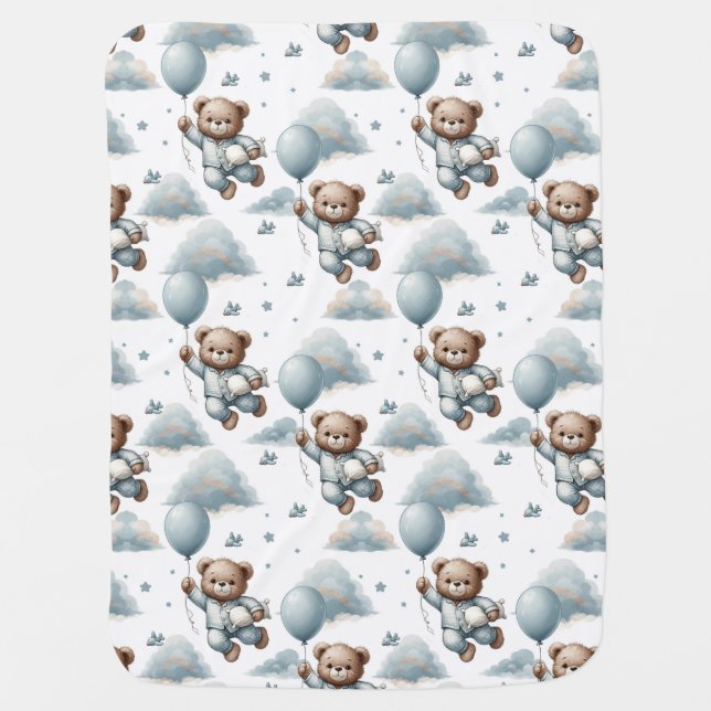 Cute teddy bear with blue balloon and pajamas baby blanket (Front)