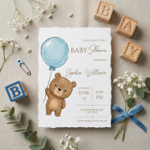 Cute Teddy Bear with Blue Balloon Boy Baby Shower