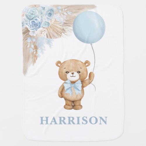 Cute Teddy Bear with Blue Balloon Boy Nursery Baby Blanket