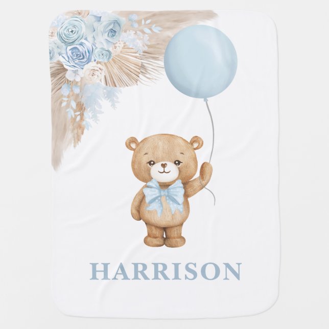 Cute Teddy Bear with Blue Balloon Boy Nursery Baby Blanket (Front)