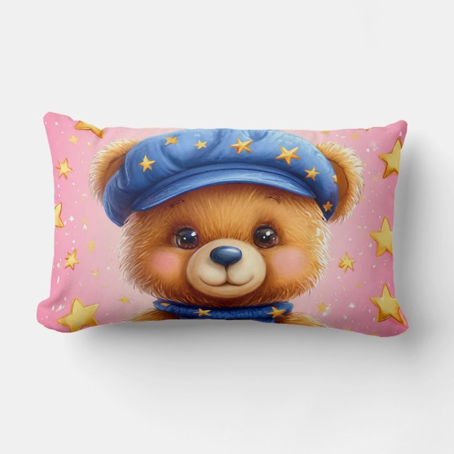 Cute Teddy Bear With Blue Cap Lumbar Pillow (Front)