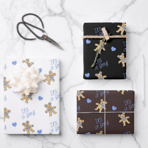 Cute Teddy Bear with Blue Hearts Wrapping Paper Sheets