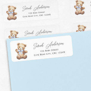 Cute Teddy Bear with Blue Ribbon Boy Shower Label