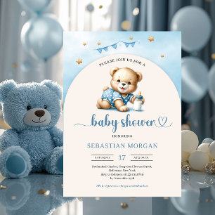 Cute teddy bear with bottle arched boy invitation