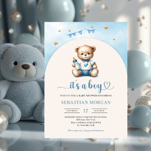 Cute teddy bear with bottle arched boy invitation