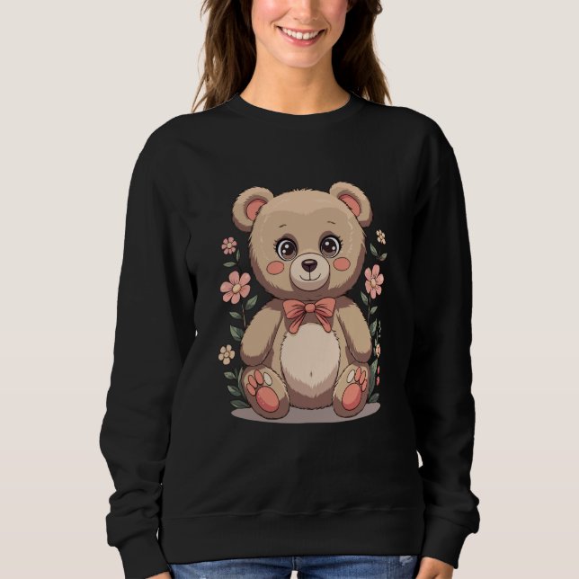 Cute Teddy Bear with Bow Tie and Pastel Flowers Sweatshirt (Front)