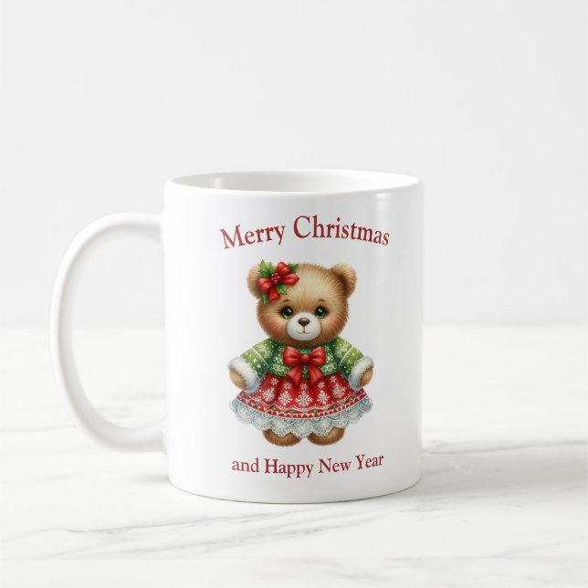 Cute teddy bear with Christmas dress and mistletoe Coffee Mug (Left)