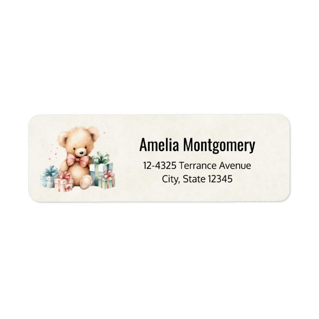 Cute Teddy Bear with Christmas Presents Address Label (Front)
