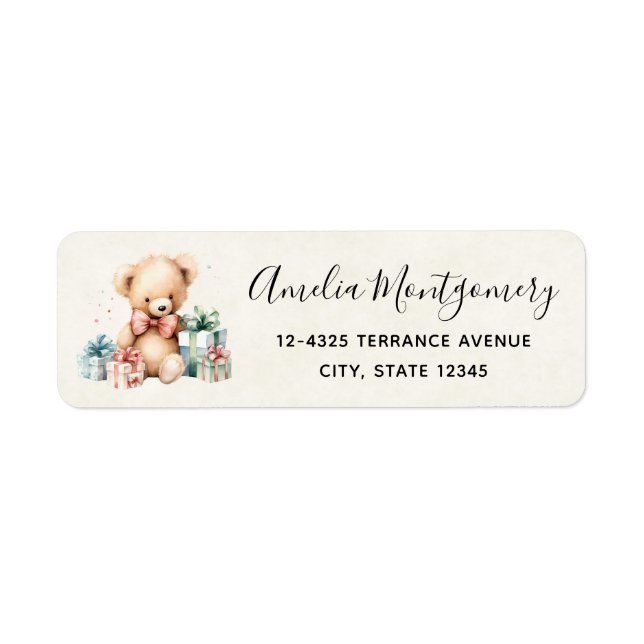 Cute Teddy Bear with Christmas Presents Address Label (Front)