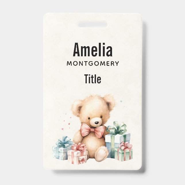 Cute Teddy Bear with Christmas Presents Badge (Front)
