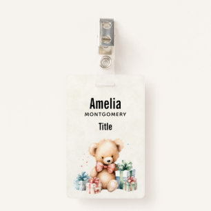 Cute Teddy Bear with Christmas Presents Badge