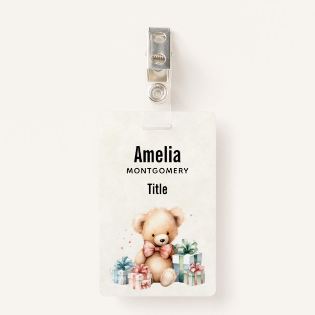 Cute Teddy Bear with Christmas Presents Badge (Front with Clip)