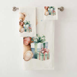 Cute Teddy Bear with Christmas Presents Bath Towel Set