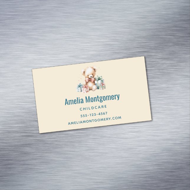 Cute Teddy Bear with Christmas Presents Business Card Magnet (In Situ)