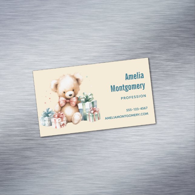 Cute Teddy Bear with Christmas Presents Business Card Magnet (In Situ)