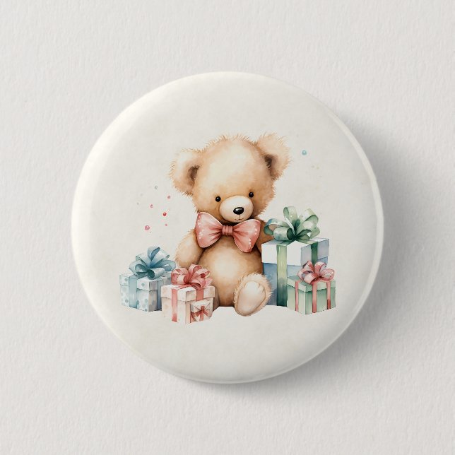Cute Teddy Bear with Christmas Presents Button (Front)