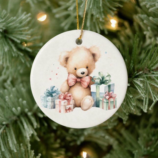Cute Teddy Bear with Christmas Presents Ceramic Ornament (Tree)