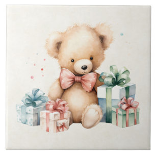 Cute Teddy Bear with Christmas Presents Ceramic Tile