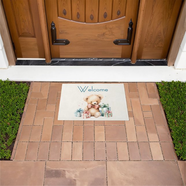 Cute Teddy Bear with Christmas Presents Doormat (Outdoor)