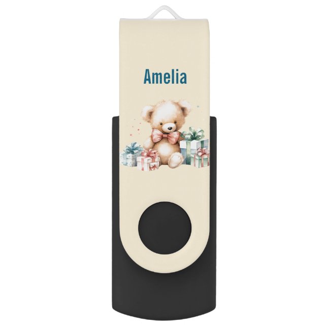Cute Teddy Bear with Christmas Presents Flash Drive (Front Vertical)
