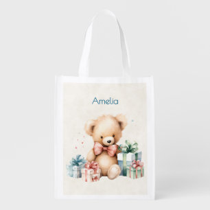 Cute Teddy Bear with Christmas Presents Grocery Bag
