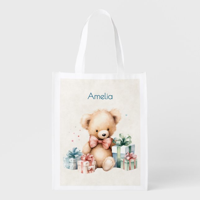 Cute Teddy Bear with Christmas Presents Grocery Bag (Front)