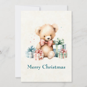 Cute Teddy Bear with Christmas Presents Holiday Card