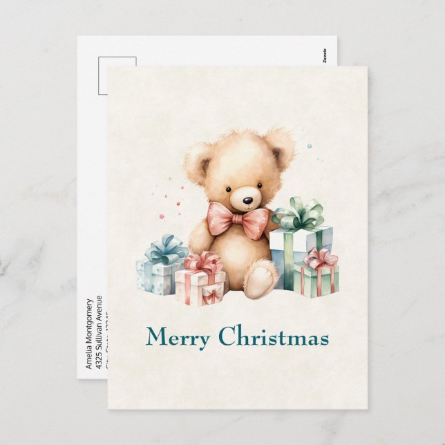 Cute Teddy Bear with Christmas Presents Holiday Postcard (Front/Back)