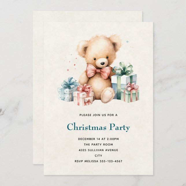 Cute Teddy Bear with Christmas Presents Invitation (Front/Back)